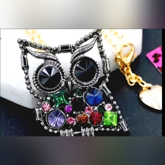 Silver Plated gold chain multicolor crystal owl necklace brooch - Picture 8 of 14